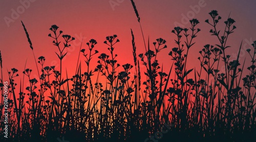Dark plant silhouettes stand against a vibrant red sunset gradient sky. Wild grass and small flowers form a natural border on the horizon. Evening light creates a moody, serene atmosphere.