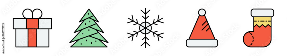 Fototapeta premium Conjunto de iconos navideños. Representa celebración y temporada festiva. Incluye regalo, árbol, copo de nieve, gorro navideño y calcetín decorativo. Ilustración vectorial