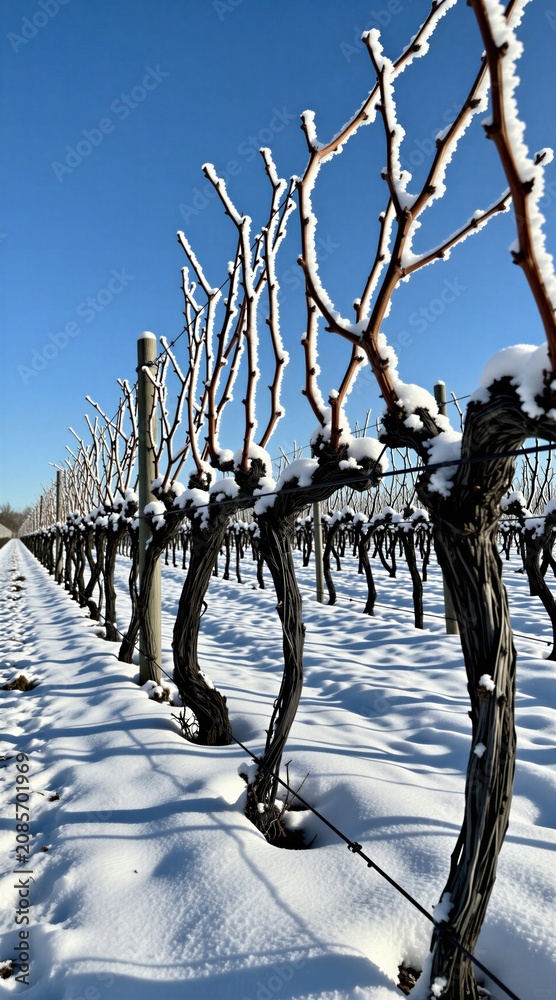 Obraz premium Snow-covered grape vines stretch in neat rows under clear blue sky. Bare branches dusted with white frost create striking patterns. Tranquil winter vineyard scene offers serene, natural beauty