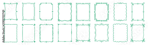 Green decorative frame and border collection on white background. Elegant outline rectangles with floral corners and blank space for invitations, cards or certificates.