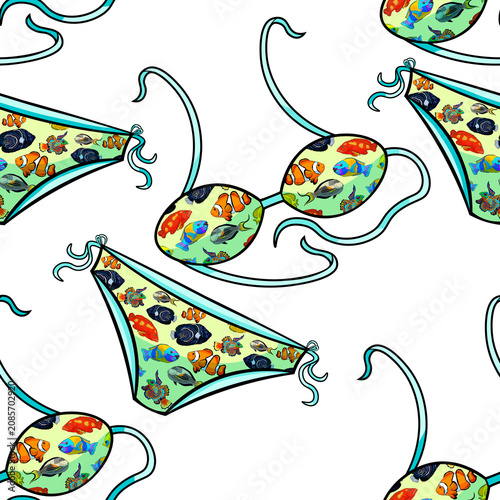 seamless pattern Two-piece swimsuit with straps and fish print vector illustration