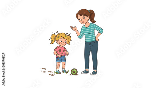 Canvas-taulu Upset mother and muddy child cartoon vector showing daughter scolded for naughty