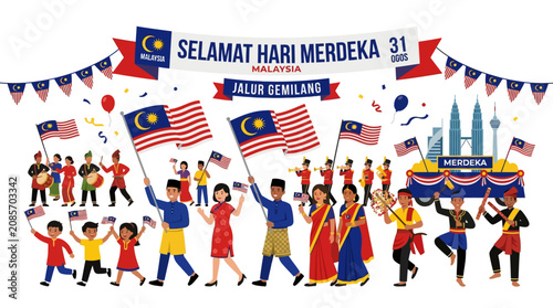 Malaysian Independence Day celebration with diverse people, flags, and iconic landmarks