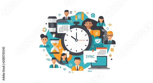 Time Management and Team Collaboration Concept Vector Illustration with Clock, Business People, Calendar, and Sync Icons for Workflow Optimization