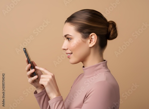 A smiling young woman in a high neck garment browses through her smartphone while standing sideways against a tan wall to communicate with friends via social media networks during the day