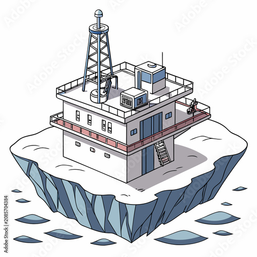 Bild auf Leinwand An isometric of a small industrial research station building situated on a float
