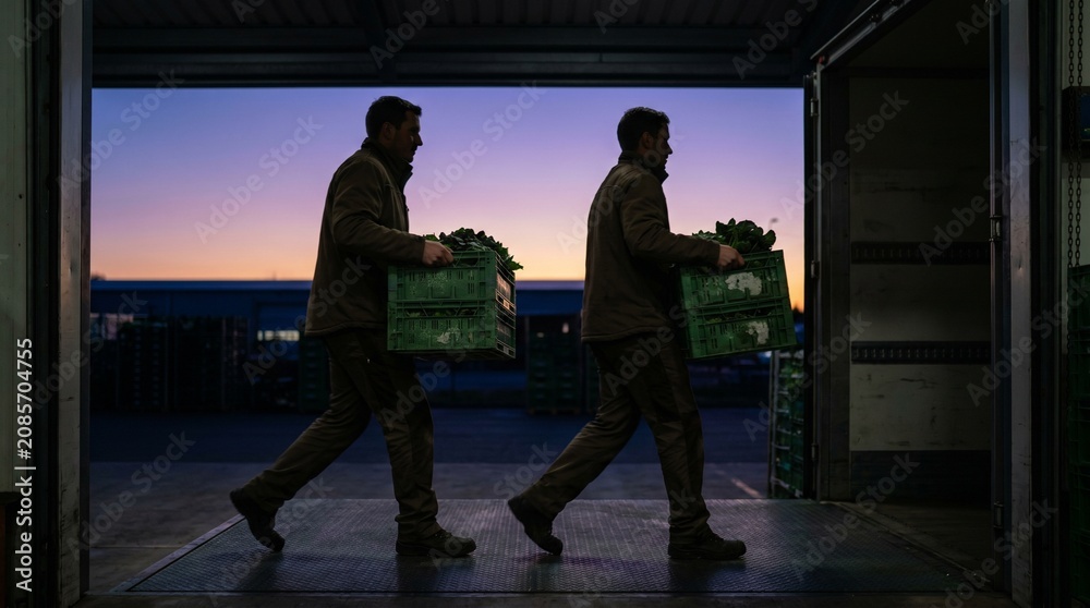 Fototapeta premium Early Morning Produce Throughput With Greens Crates In Silhouette