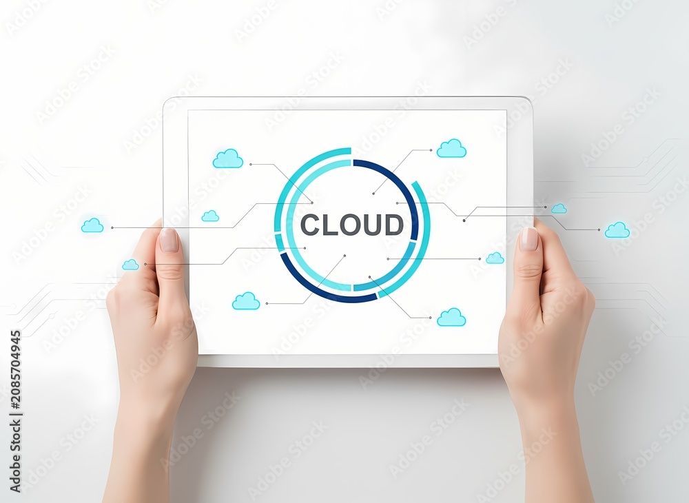 Obraz premium Exploring cloud computing concepts on a tablet screen, illustrating data flow and connection between digital elements with user hands holding the device in a well-lit environment showcasing