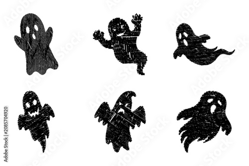 Hand drawn spooky ghost doodle set with grunge texture for Halloween designsHand drawn spooky ghost doodle set with grunge texture for Halloween designs