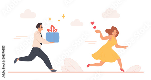 Schilderij op canvas Man chasing woman with gift box while she runs away throwing hearts, showing con