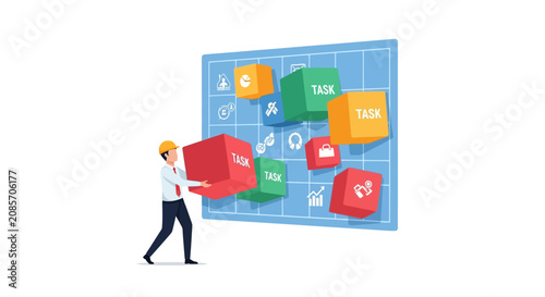 Project Management and Task Organization Concept with Businessman Building Workflow on Planning Board