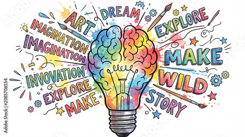 Creative word cloud light bulb brain dream art explore make