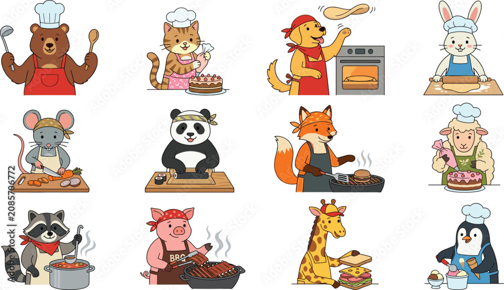 Fototapeta premium Cute Animal Chef Characters Set with Bear, Cat, Dog, Rabbit, Panda, Fox, Sheep, Pig, and Penguin Cooking Cartoon Vector Illustration