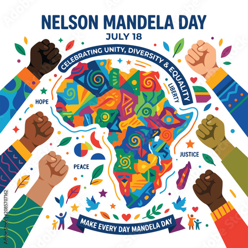 Nelson mandela day celebration poster with multiple hands raised in solidarity and diversity