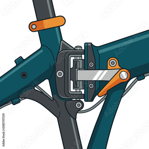 Close up of a folding bicycle frame hinge mechanism with orange locking lever.