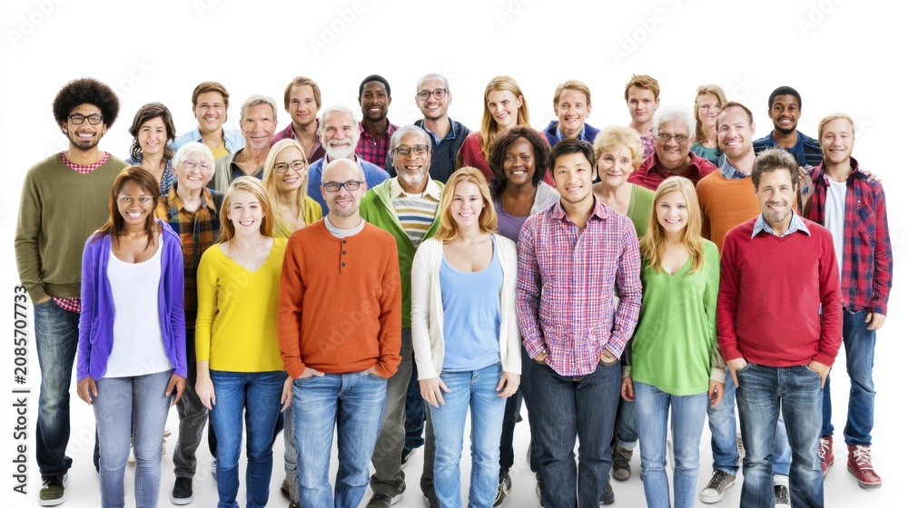 Obraz premium A diverse group of people standing together in a line, with a white background.