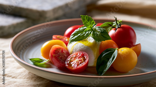 Heirloom tomatoes with burrata basil and olive oil on refined ceramic plate showcasing luxury summer dining and gourmet freshness