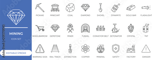 Принти на полотні Mining Industry, Mineral Extraction, Coal, Gold, Diamond, Pickaxe, Minecart and