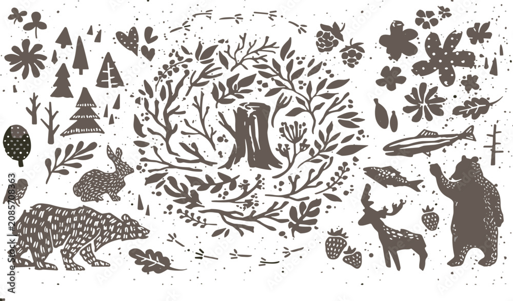 Fototapeta premium Woodland Forest Elements Vector Set with Bear, Deer, Rabbit, Wreath, Trees and Flowers in Rustic Silhouette Stamp Style Illustration
