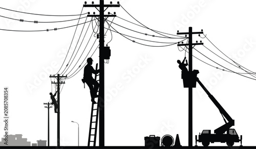 фотографія Linemen working on utility power poles silhouette vector illustration of electri
