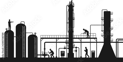 Cuadro en lienzo Oil refinery industrial factory silhouette vector illustration featuring enginee