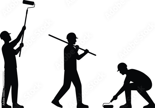 Foto Silhouette construction workers painting and maintaining surface using tools rep