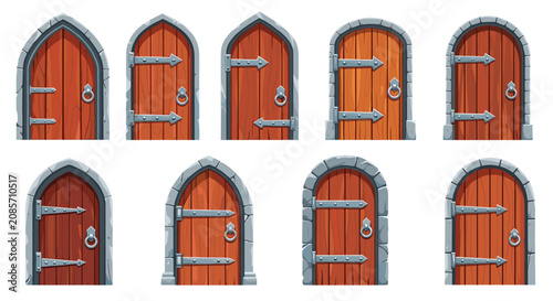 Heavy medieval wooden doors with stone arches, iron hinges, and metal handles designed for castle or dungeon gates.