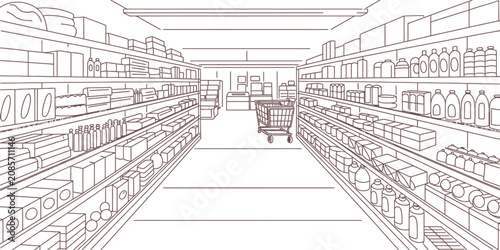 Bild auf Leinwand Minimalist grocery store aisle line art vector, supermarket interior with shelve