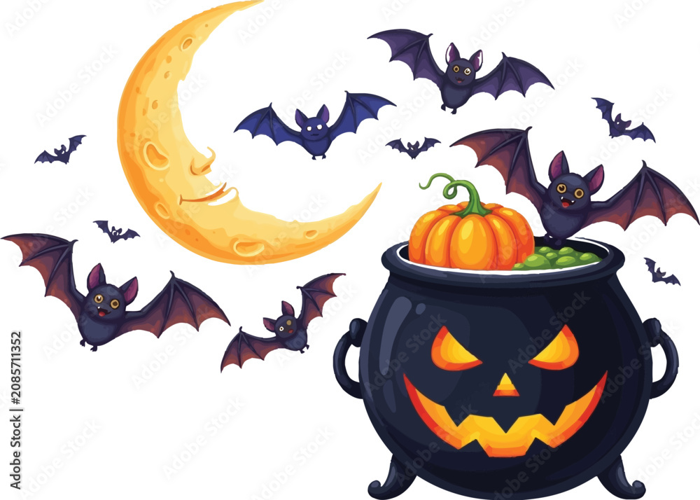 Fototapeta premium Halloween cauldron with jack-o'-lantern face and bats flying around