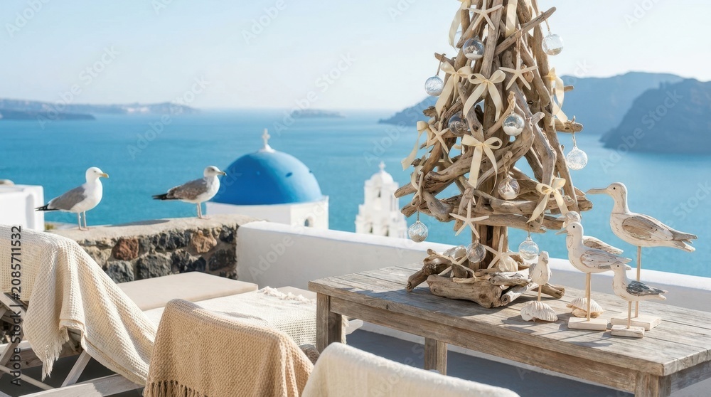 Fototapeta premium Seaside Christmas Tree Decoration with Seagulls and Blue Aegean Sea View