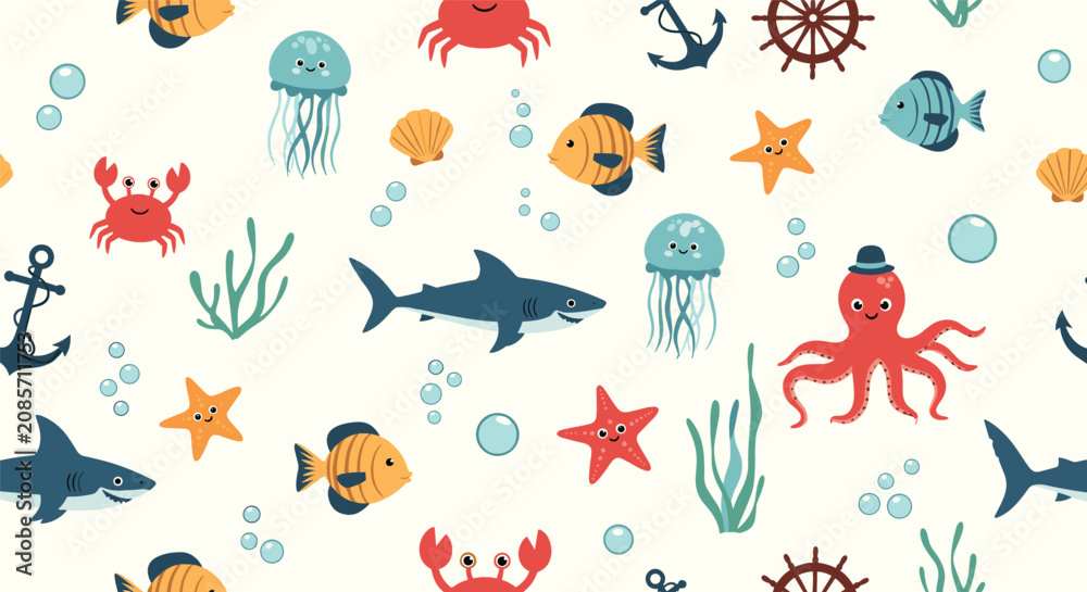 Naklejka premium Seamless pattern of friendly ocean creatures and nautical symbols like anchors and steering wheels on a light background.
