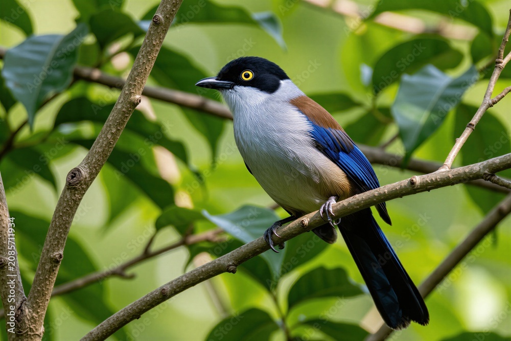 Fototapeta premium Silver-breasted Broadbill bird perches on tree branch. Small creature with black head white neck blue wings. Exotic fauna in rich green jungle habitat.