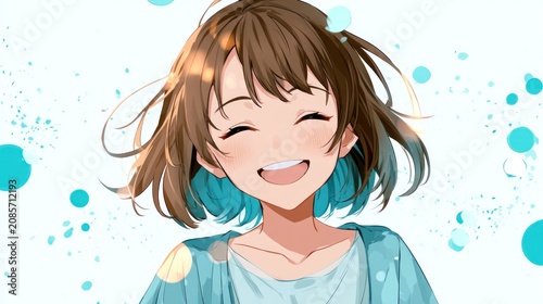 A smiling, brown-haired girl with blue hair and bangs, wearing a light blue cardigan, standing against a white background with blue circles.