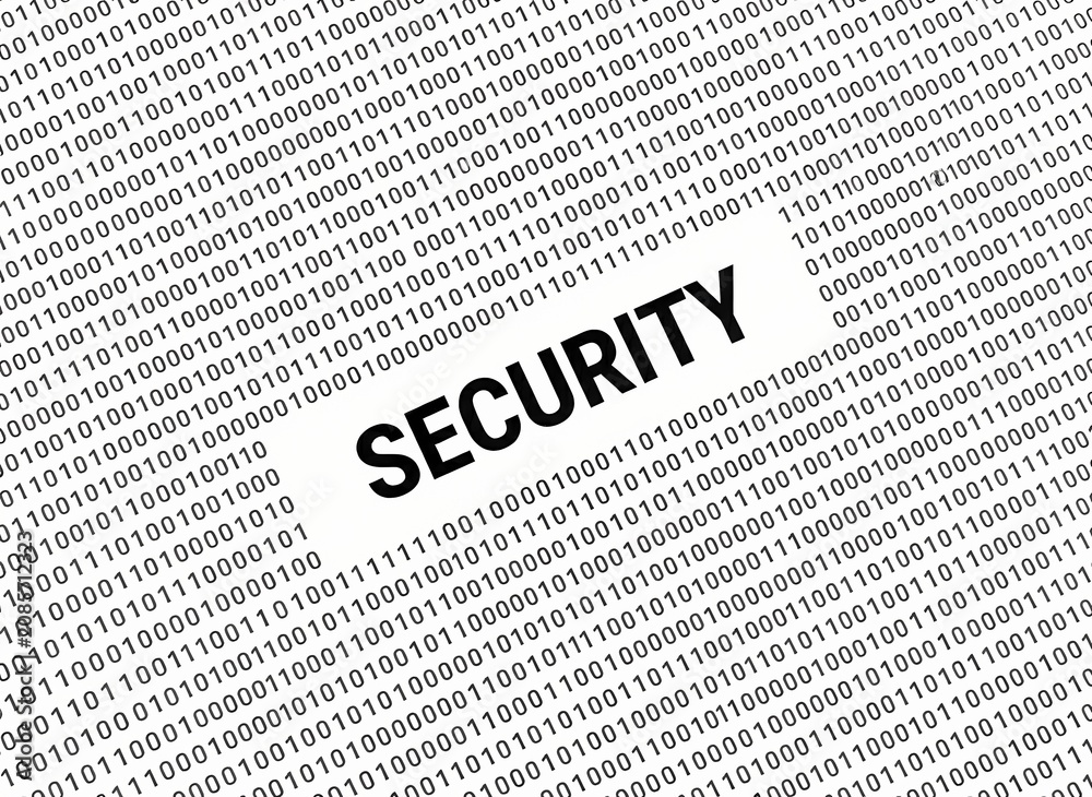Fototapeta premium A bold conceptual representation of network protection features the word security prominently displayed amidst a dense stream of binary code digits representing complex software encryption