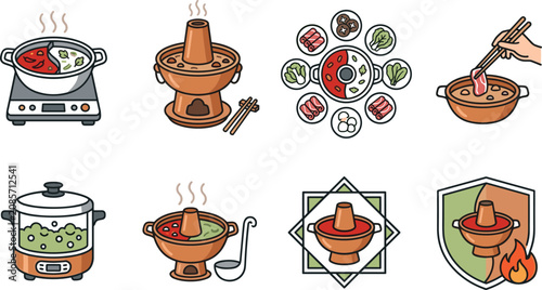 Hot Pot Collection with Chinese Fondue, Shabu Shabu, Electric Cooker, Ingredients, Chopsticks, and Asian Cuisine Vector Illustration Set