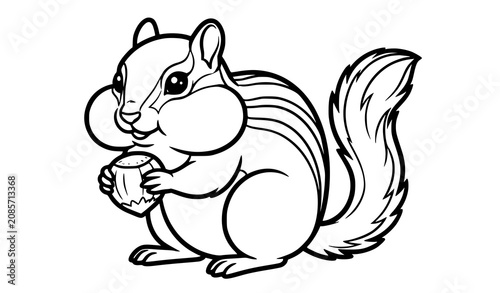 Konstfotografi Cute chubby chipmunk holding a hazelnut line art vector coloring page illustrati