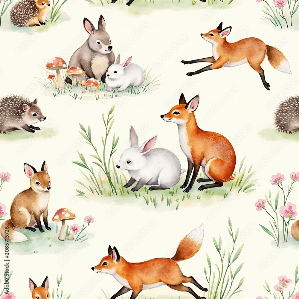 Fototapeta premium Charming watercolor illustration of forest animals including foxes rabbits and hedgehogs in nature scene