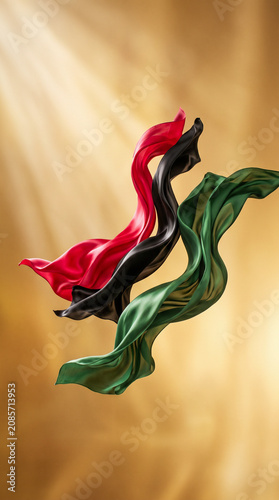 Elegant red, black, and green satin fabrics flowing gracefully against a warm golden background