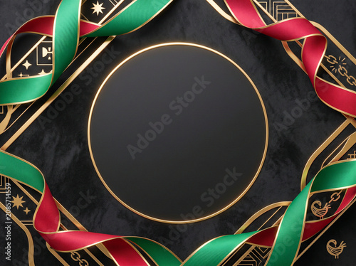 Elegant Black Circular Frame with Red and Green Ribbons and Gold Accents
