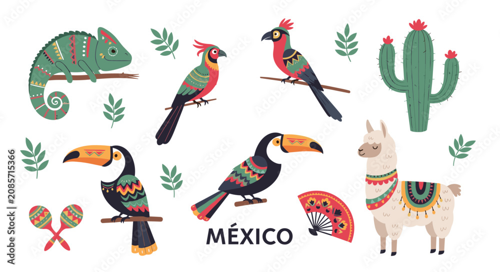 Fototapeta premium Collection of Mexican themed animals and objects including chameleon, birds, llama, cactus, maracas, and a hand fan on white.