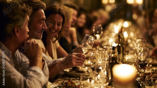 A group of people sitting at a long dining table, enjoying a meal together in a dimly lit, elegant restaurant setting.