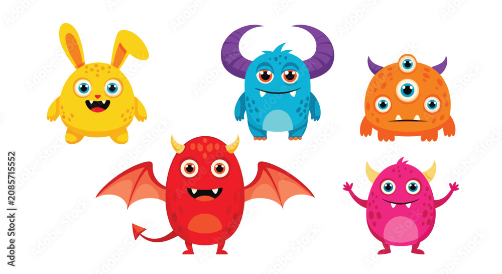 Fototapeta premium Set of five adorable and colorful cartoon monsters with unique horns, wings, eyes, and playful expressions on a white background.