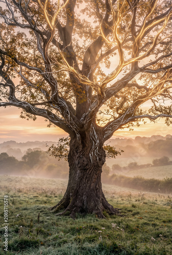 Ancient Oak Tree with Glowing Magical Energy Veins in Misty Sunrise Landscape