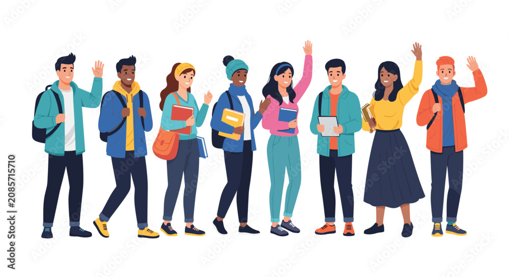 Obraz premium Diverse group of happy college students with backpacks and books standing together and waving a friendly greeting.