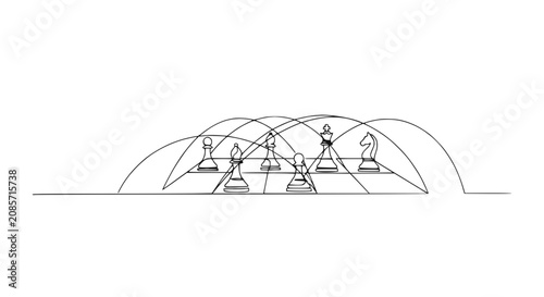 Foto Chess Strategy Concept: Pieces Connected by Arc Lines on White Background