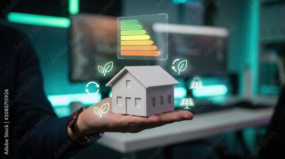 Obraz premium Sustainable Property Architecture Management: Holographic Eco Energy Efficiency Rating Scale, Green Infrastructure Solar Power Icons, and Residential Real Estate Cost Valuation in Modern Workspace