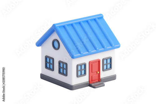 Glossy Cartoon House with Blue Roof and Bright Red Front Door