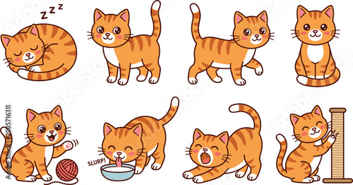 Obraz na plátně Cute Orange Tabby Cat Character Set with Sleeping, Walking, Playing, Drinking, a