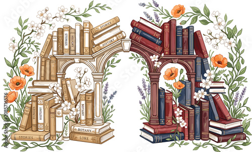 Fotografía Vintage Book Arch Gateway Vector Illustration Decorated with Blooming Flowers, B
