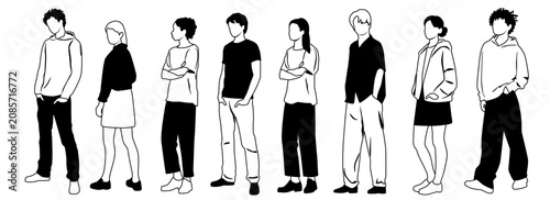 Silhouettes of standing people, men and women, front and side views; hand drawing linear sketch, vector image, black and white, isolated on a white background